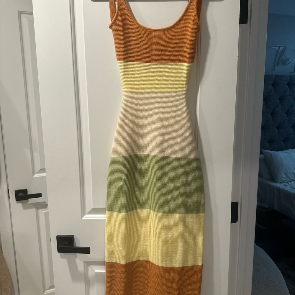 Orange and Yellow Sleeveless Sheath Midi Dress